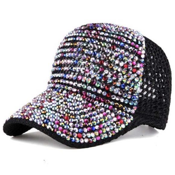 Accessories - C0485 Black Rhinestone Bling Sparkle Mesh Hat Cap